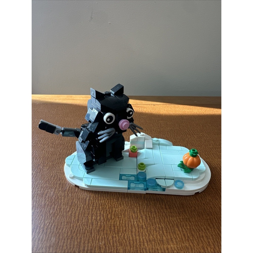 Lego Black Cat on Light Blue Ice Base with Orange Pumpkin All Put Togethor